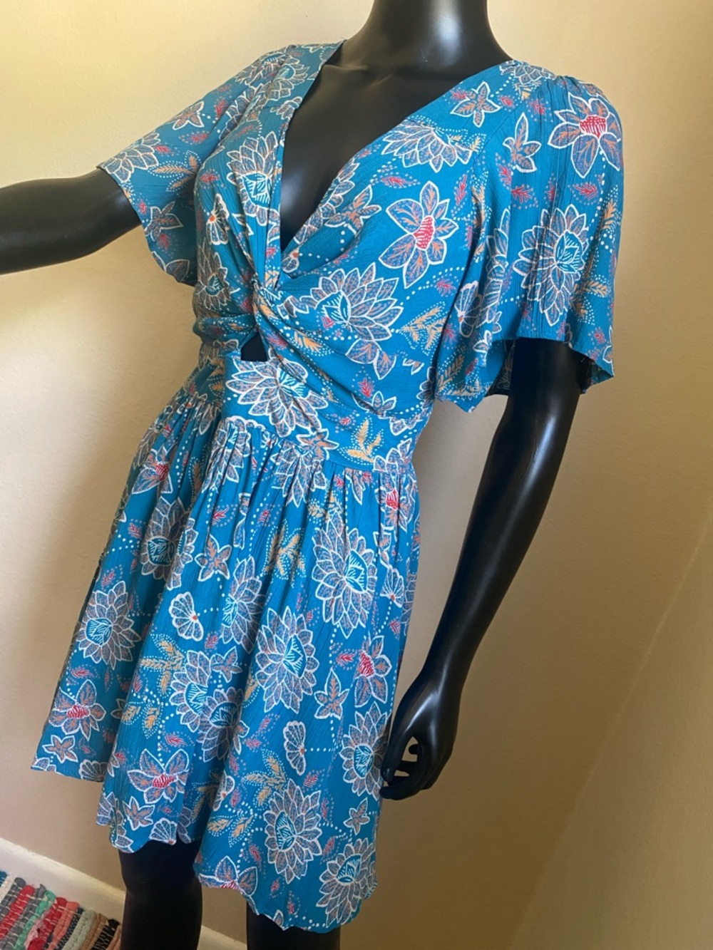 Angie Teal Floral V-Neck Mini Dress - Picture 3 of 10
